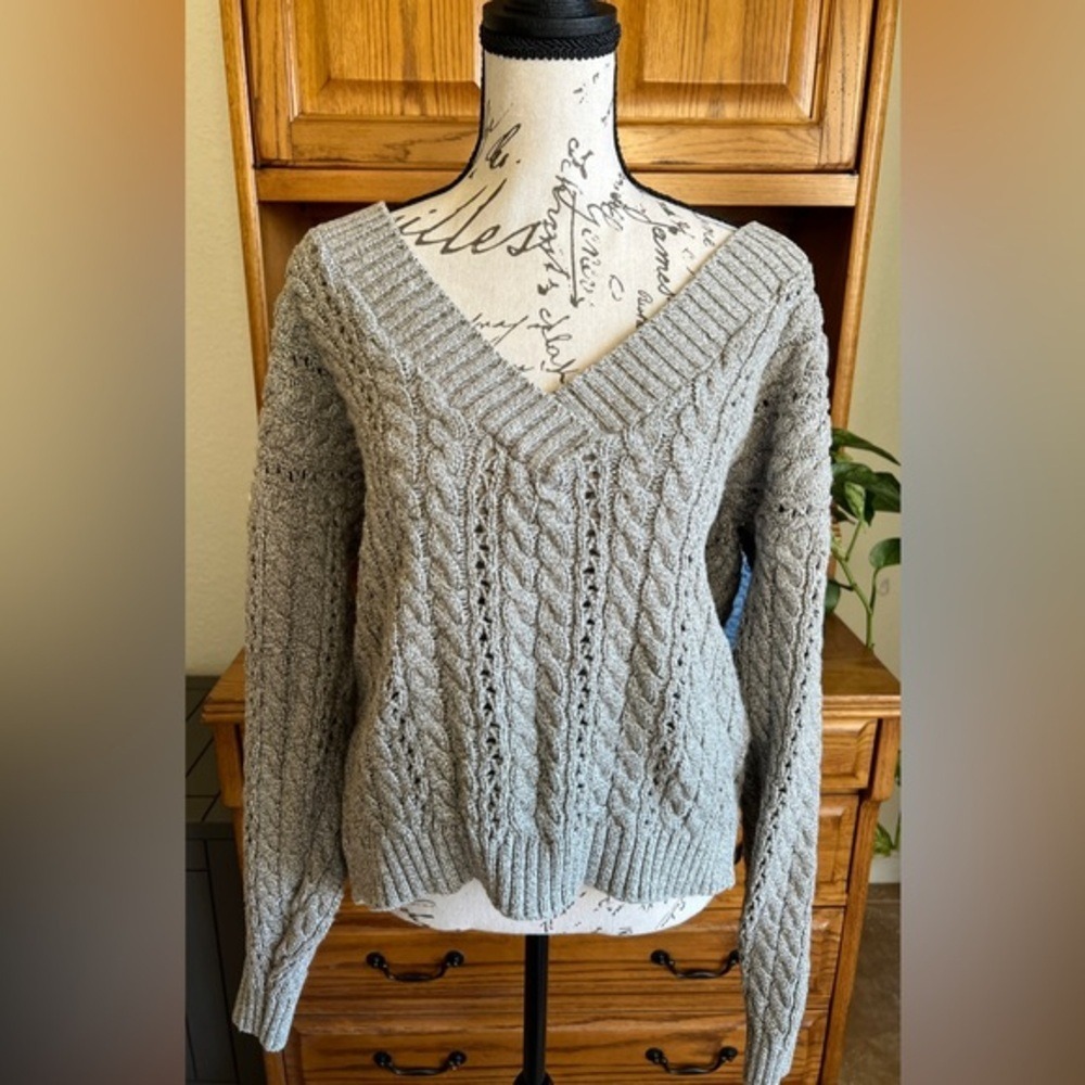 Lands End Vintage Gray Cable Knit Cotton Fisherman Sweater V-Neck Preppy Small